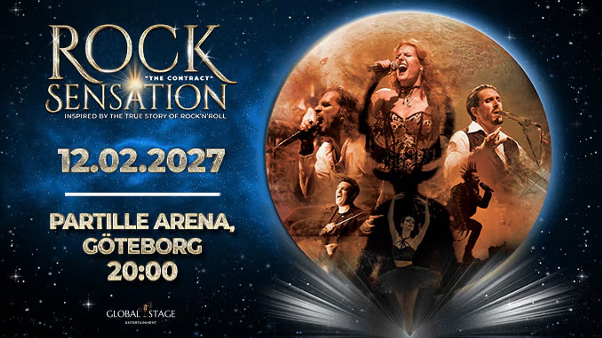Affisch för konserten Rock Sensation tillsammans med datumet för evenemanget.