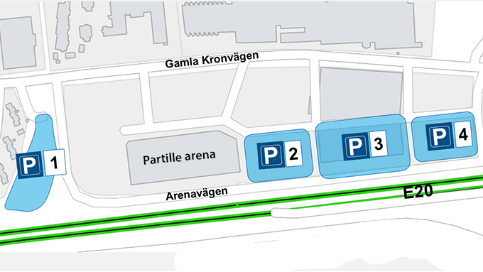 Karta som visar besöksparkeringar i området Partille Port i Partille. I området finns tre parkeringar och ett parkeringshus. De är numrerade 1 till 4 på kartan.